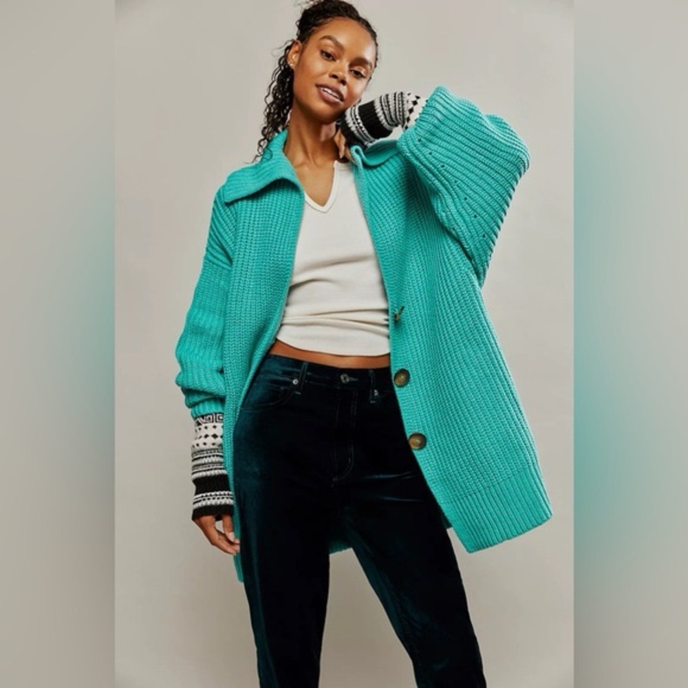 Free People Chunky Turquoise Knit Cardigan